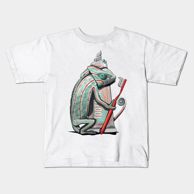 Chameleon Brushing their Teeth Kids T-Shirt by InTheWashroom